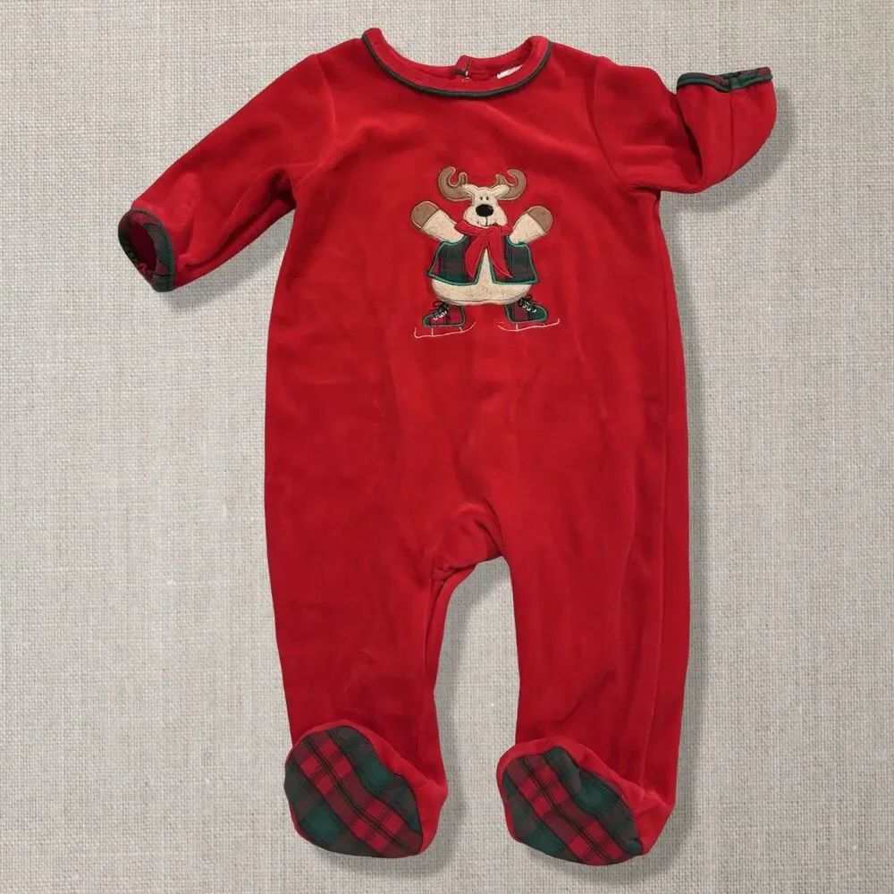 2010s Christmas Velour Skating Moose Plaid Footed Sleeper 6-9 Months